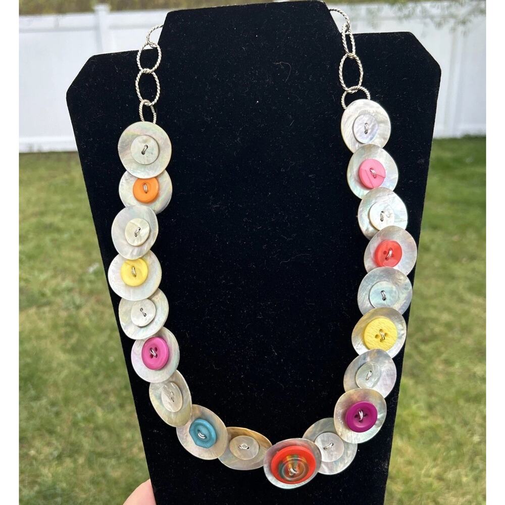 Handmade Abalone Shell Button Necklace Silver Vin… - image 1
